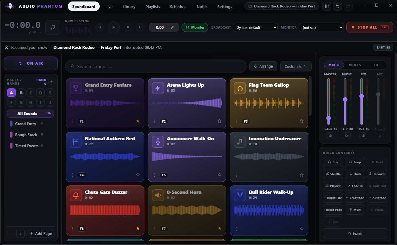 Audio Phantom soundboard — live show view